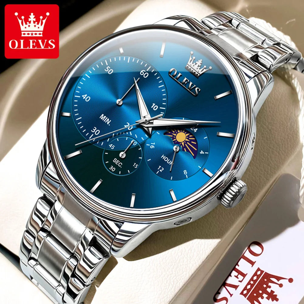 OLEVS 2936 Men's Luxury Watch Auto Date Chronograph Moon Phase Waterproof Stainless Steel Strap Christmas Gift