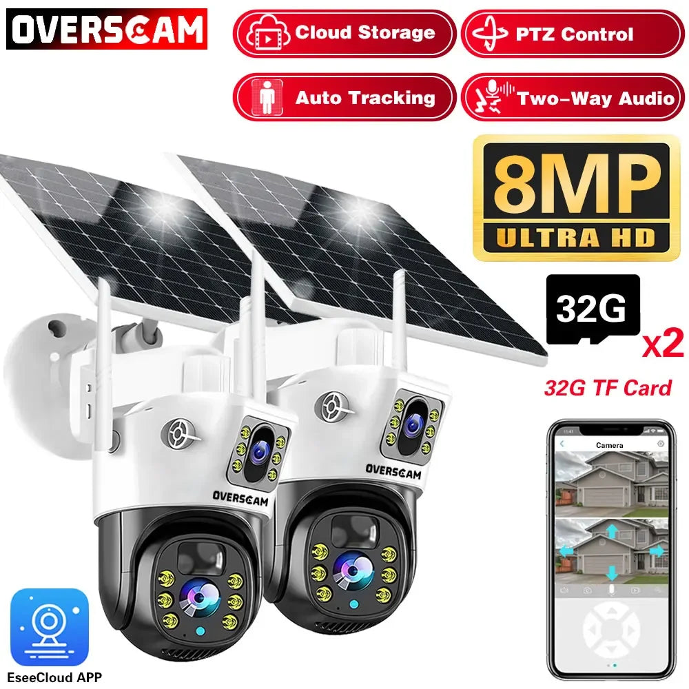 Solar Security Camera 4K 8MP Wireless PTZ Outdoor 360° Coverage 2-Way Audio Human Detection Night Vision 256GB WiFi/IP PIR Alarm