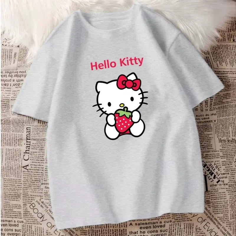 Hello Kitty Cotton T-shirt Women Men Couples Cute Printed Trend Tops Oversized Y2k Unisex Couples T-shirts Female Male Clthing