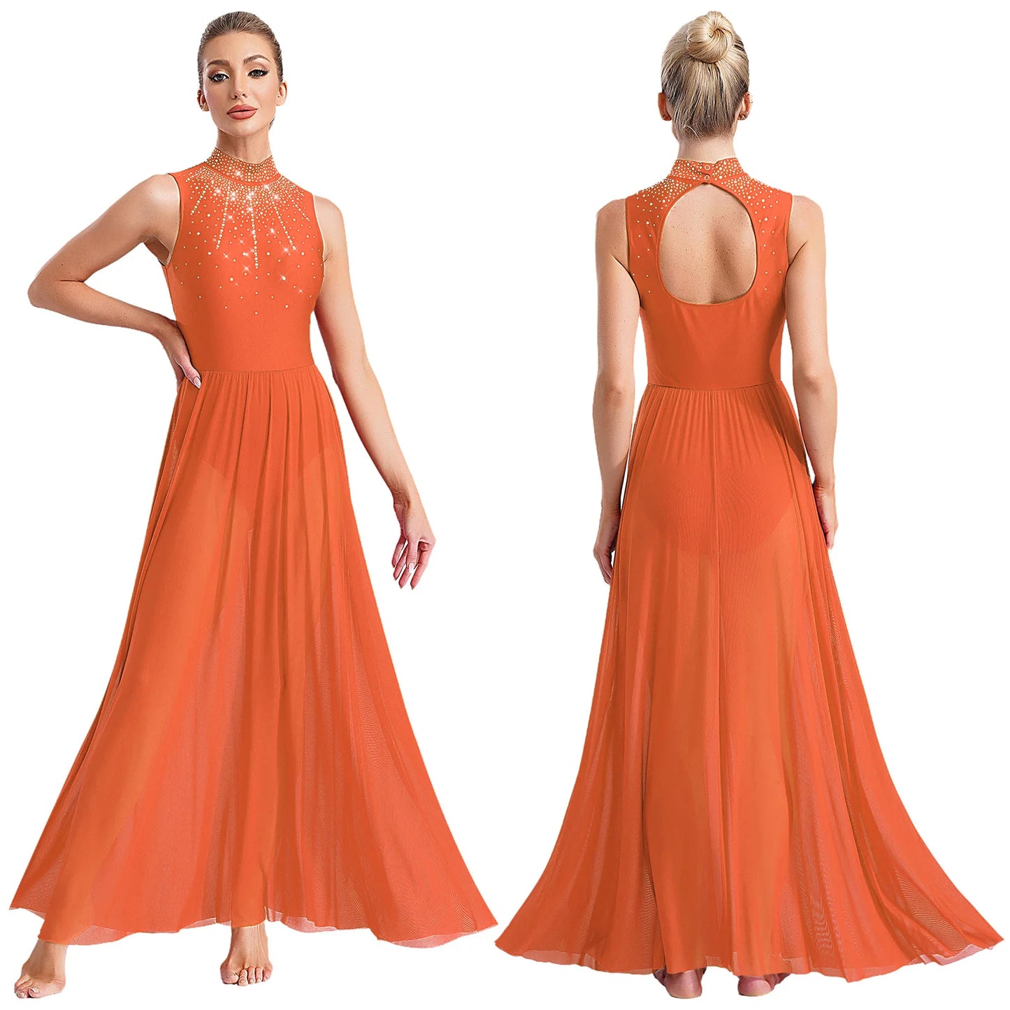 Womens Lyrical Dance Dresses Mock Neck Wide Hemline Shiny Rhinestones Maxi Dress Sleeveless Modern Contemporary Leotard Dresses