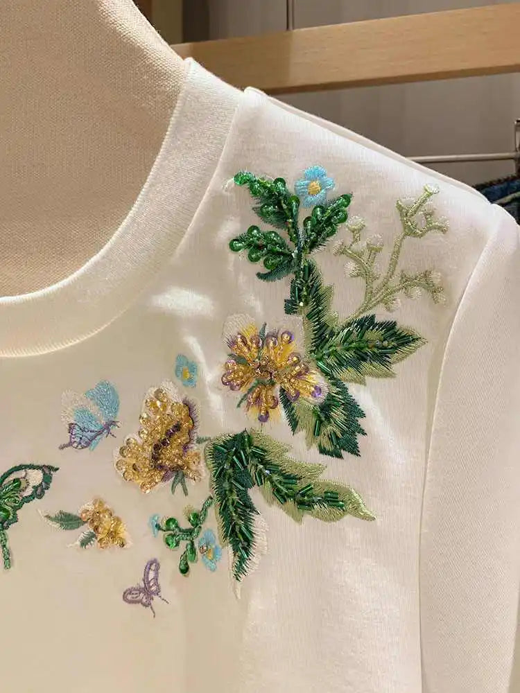 Pure Cotton Heavy Industry Embroidered Beaded Short-sleeved T-shirt for Women 2025 Summer New Loose Slim Fashion Top