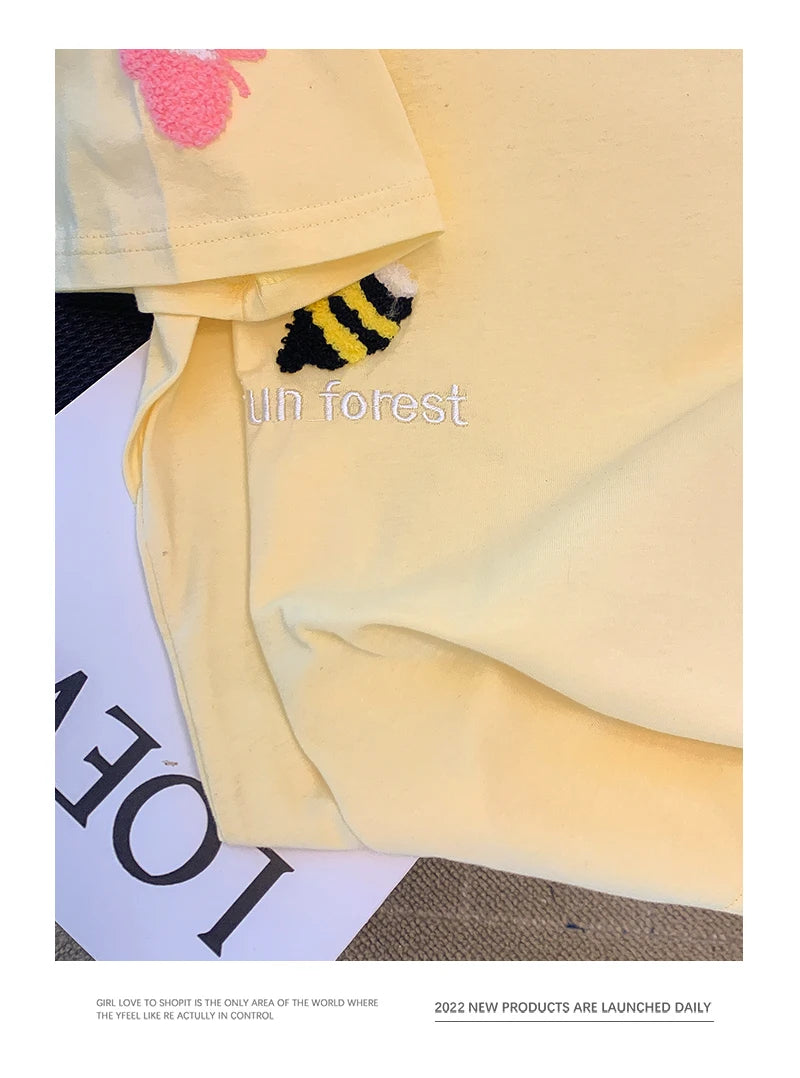 Pure Cotton Short Sleeved T-shirt Women's Summer 2024 Embroidered Flower Trend Round Neck New Top Oversized Women's Clothing