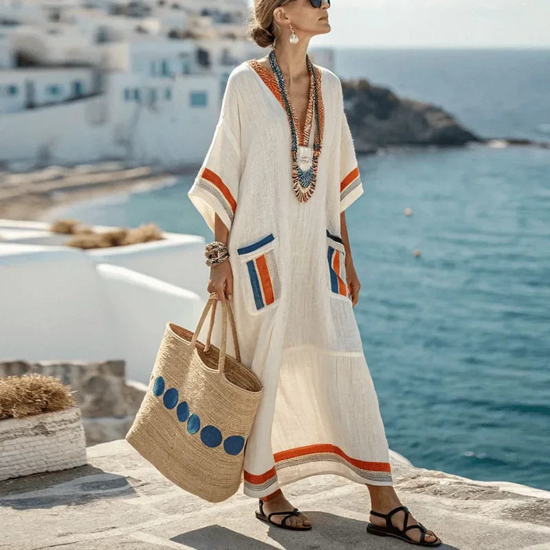 Summer For Women Elegant Bohemian Dress Fashion V -Neck Short Sleeves Long Dresses New Casual Vacation Pockets Loose Party Dress