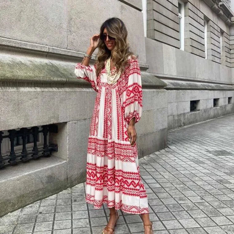 Summer Women Dresses Floral Print Ruffles Boho V-neck Puff Sleeve Casual Loose Beach Dress Half Sleeve Holiday Maxi Long Dress
