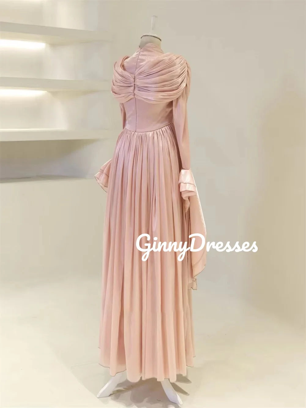 Women'S Evening Dresses Customize Scoop Neckline A-Line Formal Occasion Dresses Zipper Up Long Sleeves Ruffle Floor-Length Prom