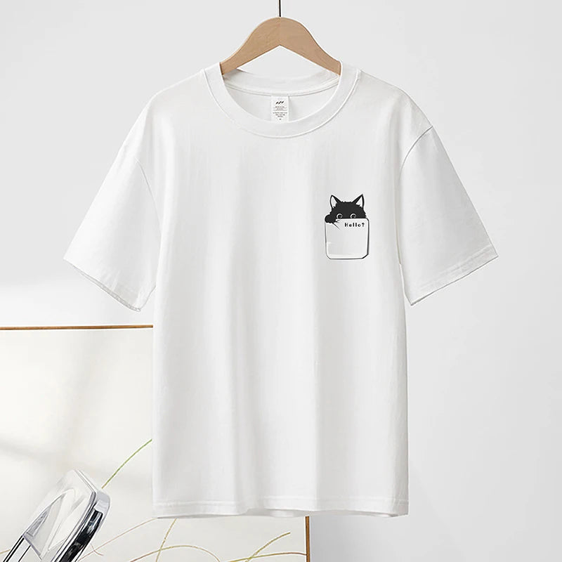 Summer New Pure Cotton Cat Printed Men T-shirts Short Sleeve Casual Solid Color Simple Thin Men Tops BOK0121