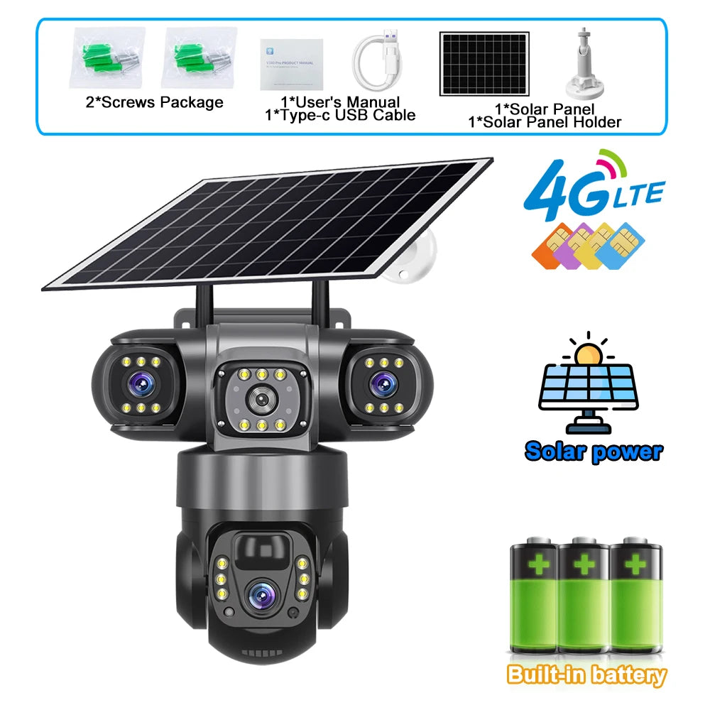 4G Solar Security Camera Outdoor Waterproof Wireless Three Lens Three screens Full Color Night Vision Motion Detection CCTV