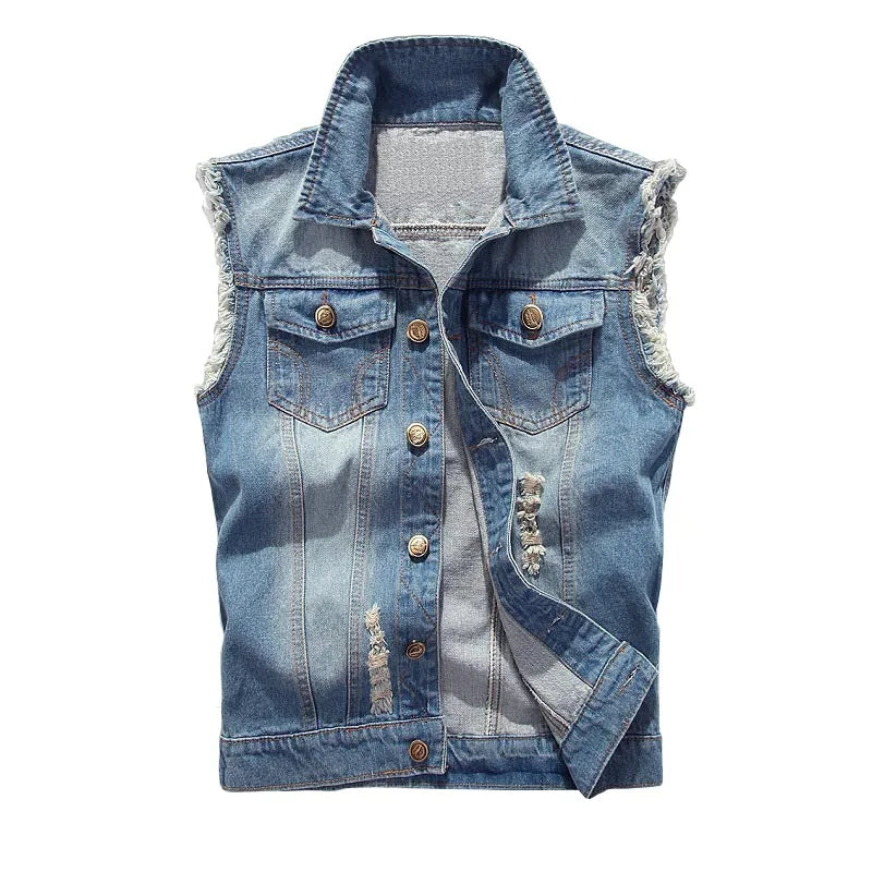 Hip Hop Jeans Coat Men Jackets for Short Sleeve Ripped Blue Jean Jackets Man 2025 Men's Denim Vest Mens Denim Shirt Husband Male