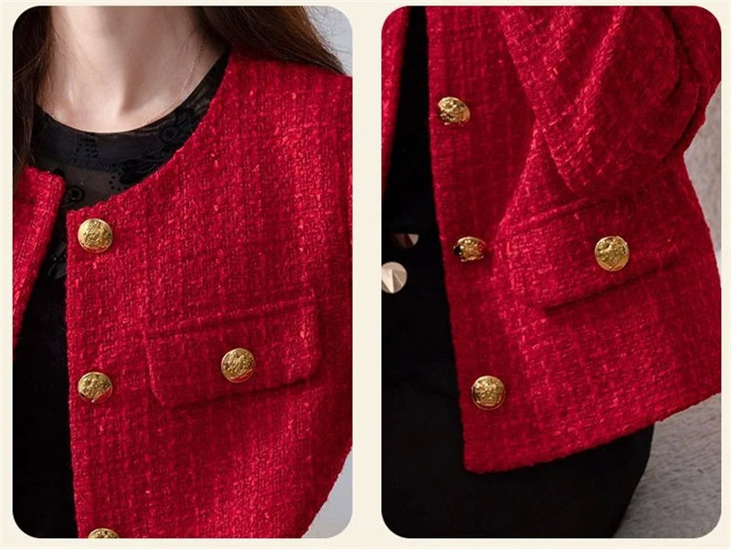 Women's Jacket 2025 New Autumn Fashion Red Tweed Small Fragrance Coat Ladies Short Blazers Korean Elegant Female Tops Outerwear