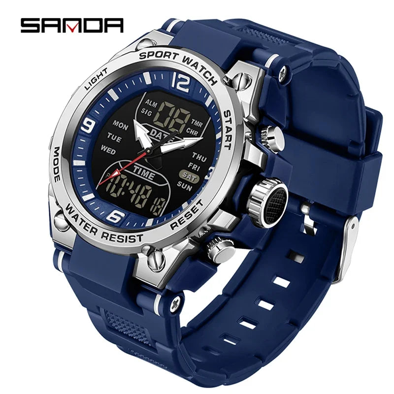 SANDA New Fashion Men Watch Multifunctional Outdoors Sports Waterproof Wristwatch LED Luminous Electronic Digital Men Watches