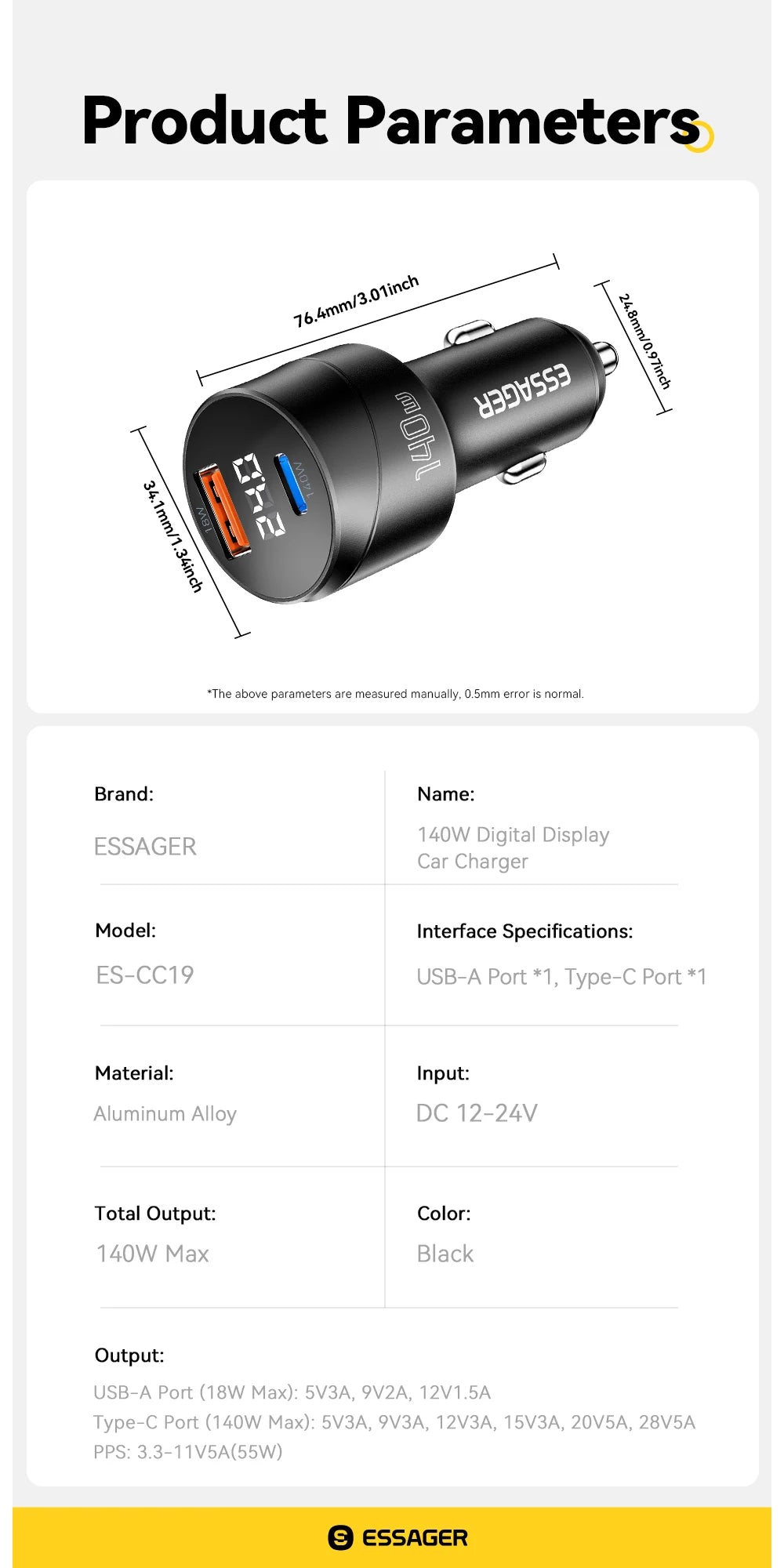 Essager 140W Car Charger PD 3.1 Fast Charging Quick Charge 4.0 For Macbook Pro Laptop USB Type C Car Phone Charger For iPhone 16