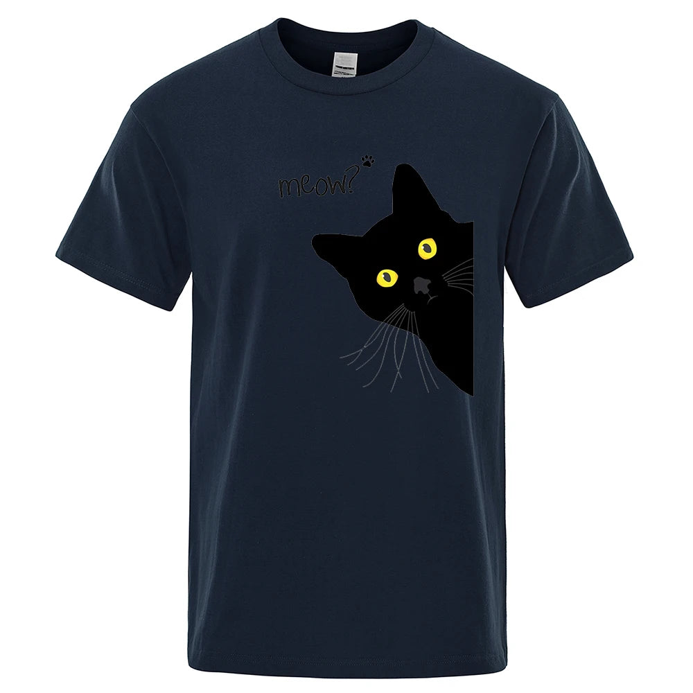 Meow Black Cat Funny Printing Men T-Shirts Breathable Tee Clothes Summer Streetwear Tops Unisex Loose Cotton Short Sleeve