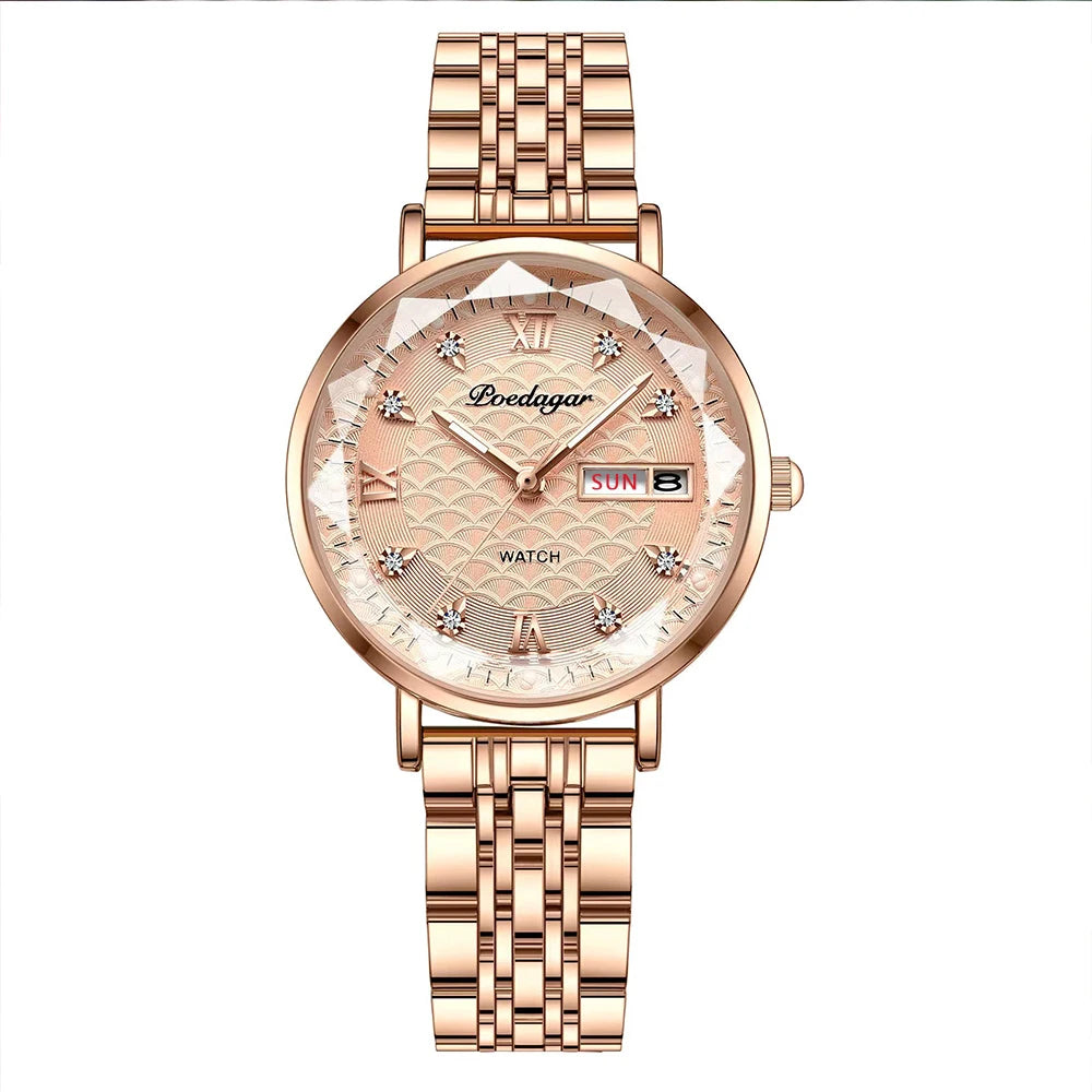POEDAGAR Top Elegant Women's Watches Stainless Steel Date Week Woman Watch Waterproof Luminous Fashion Ladies Watch Quartz Reloj