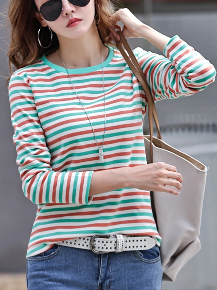 High Quality T Shirt For Women Korean Fashion Clothes Autumn Cotton Stripe Tee Shirt Femme O Neck Tops Woman Long Sleeve Tshirts