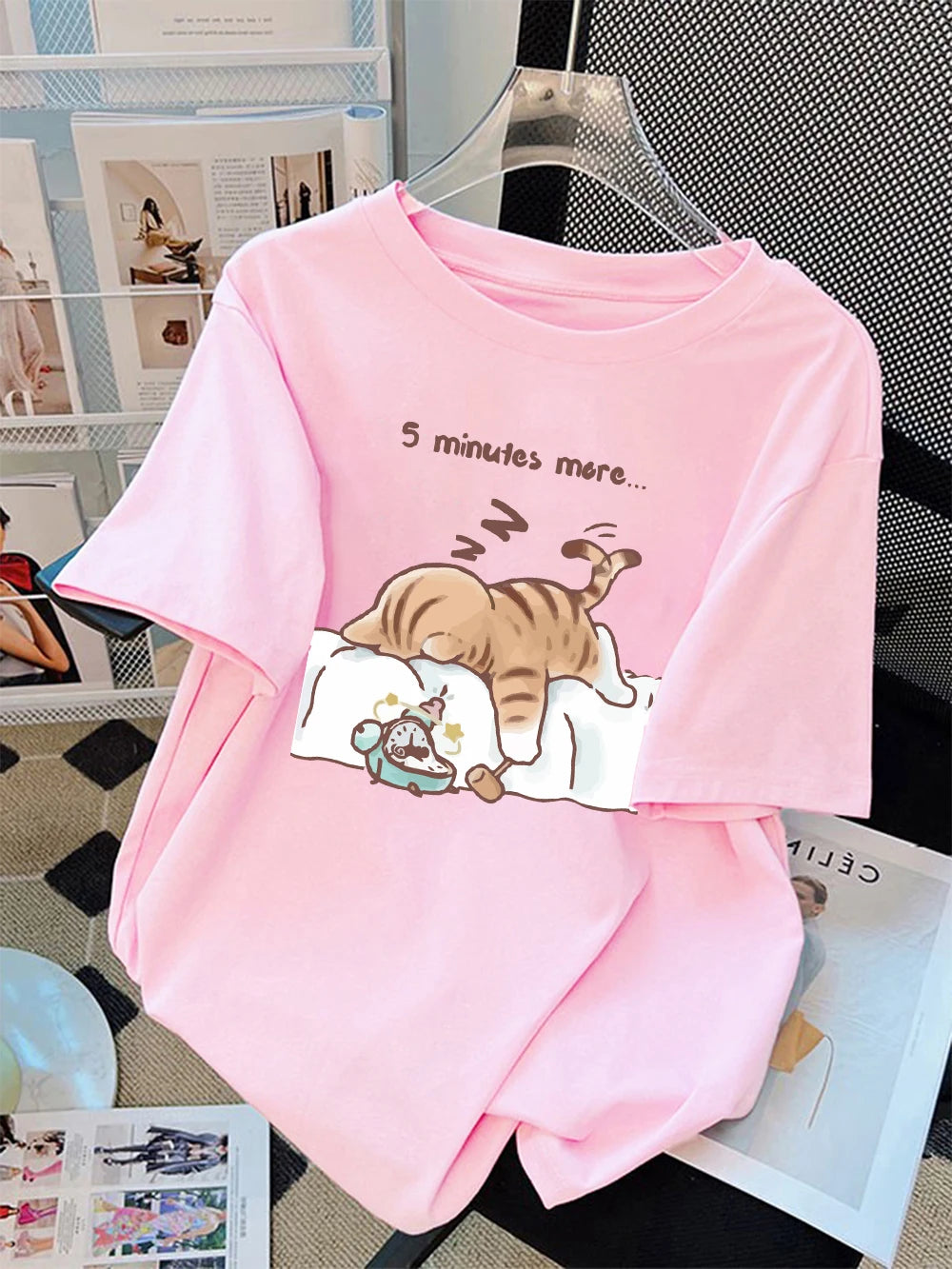 Women T-Shirt Cotton Summer The Cat That Always Wants To Sleep Pattern Prints T Shirt O-Neck Soft Loose Tops Basic Woman Clothes
