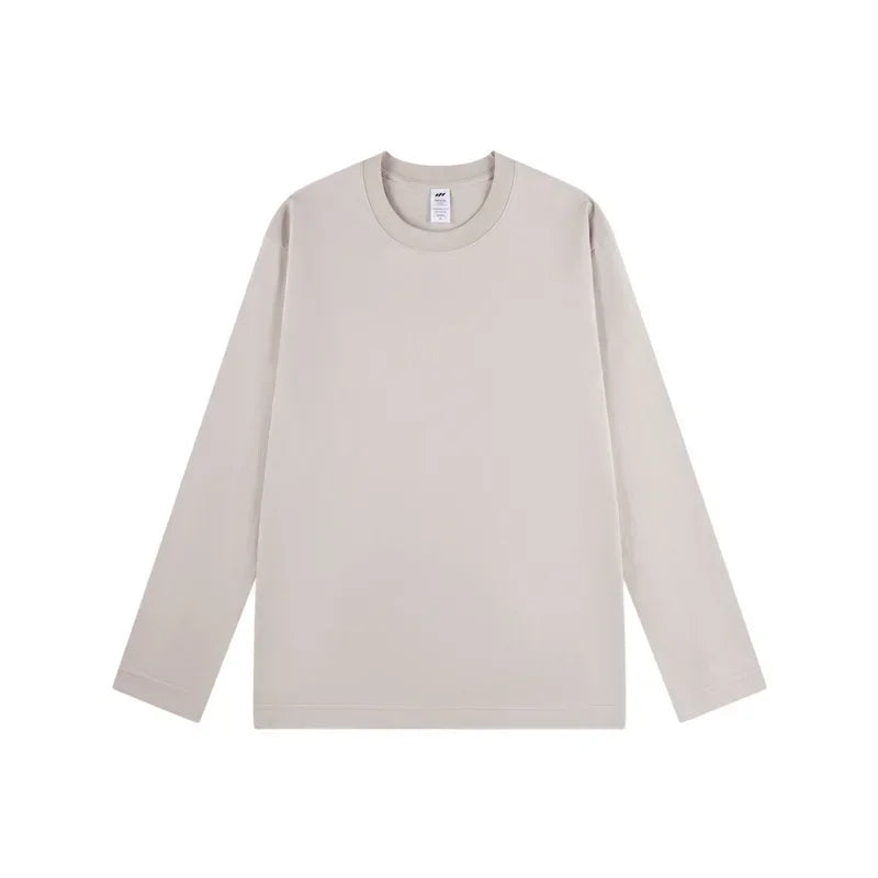 230G Men T Shirts Pure Combed Cotton Heavy Round Neck Solid Color Long-sleeved Men's T-shirt Loose Bottoming Shirt Tops For Male