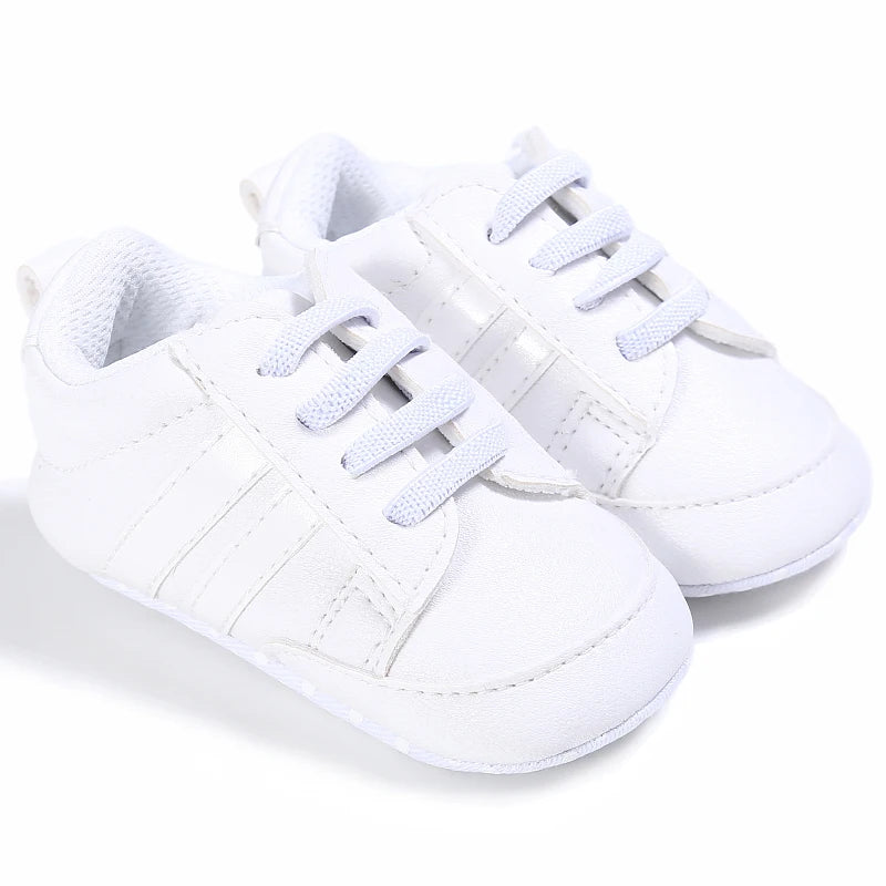 Baby Shoes Newborn Boys Sneaker Girls Two Striped First Walkers Kids Toddlers Lace Up PU Leather Soft Soles Sneakers 0-18 Months