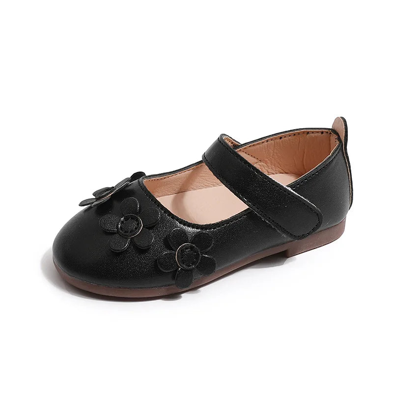 Kids Black Shoes Soild Color Casual Girls Flat Shoes Versatile Sweet Flowers 2025 Autumn New Children Princess Shoes Performance