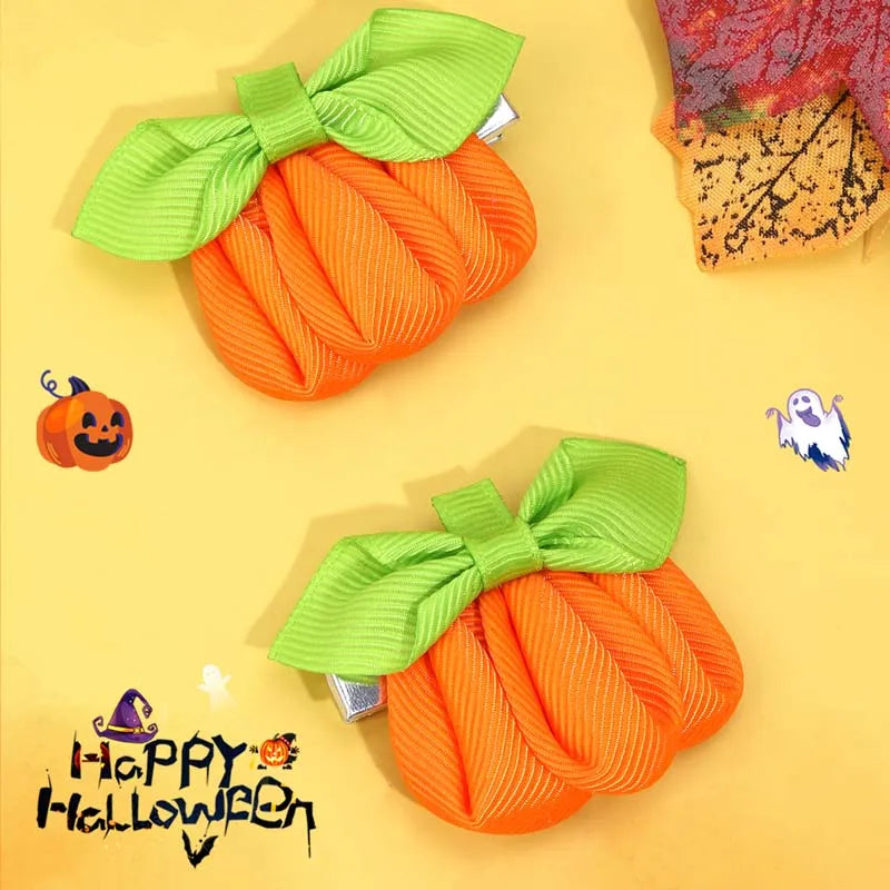 Oaoleer 2Pcs Pumpkin Hair Clip For Baby Girls Solid Grosgrain Ribbon Hair Pin Barrettes Kids Headwear Halloween Hair Accessories