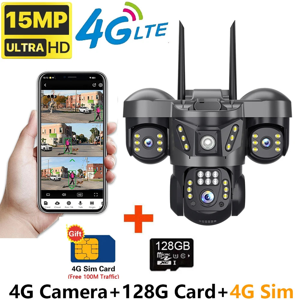 Home Surveillance Cameras 15MP 4GSim Card Triple Lenses Triple Screens 360 Video Monitor Night Vision Camera Security Protection