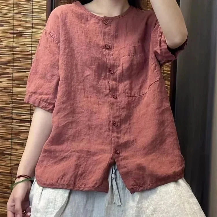 Chiffon Cotton Linen round Neck T-shirt Women Summer New Vintage Art Loose Shirt Open Cardigan Top 2025 Short Shirt For Women