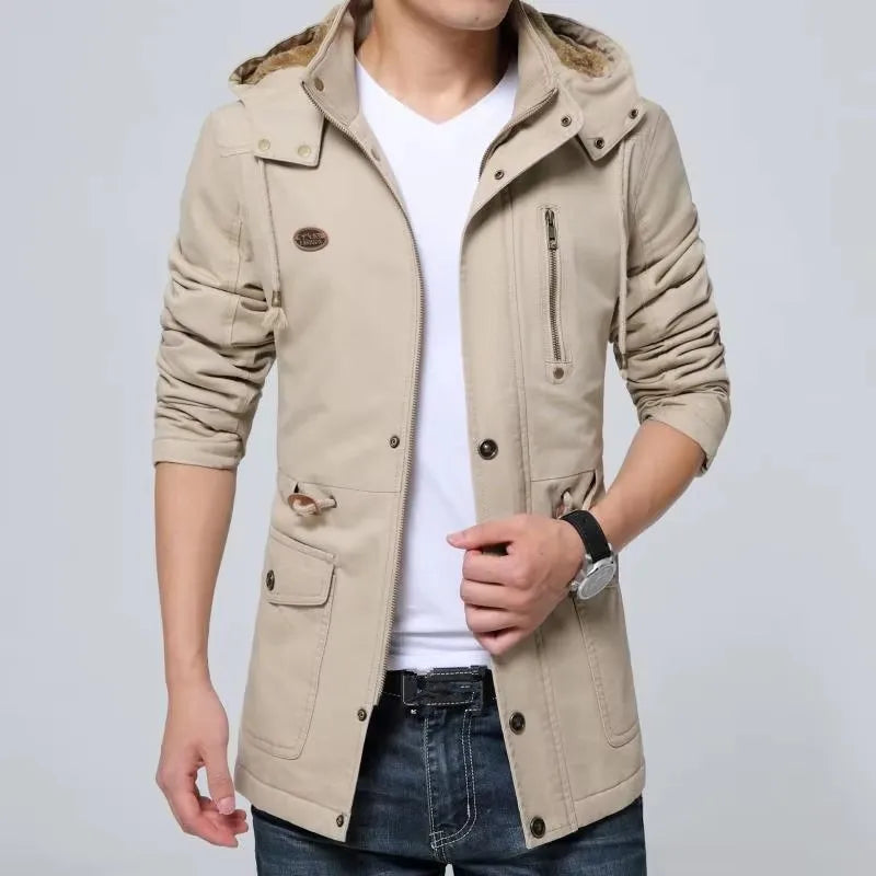 Casual Loose Autumn Winter Men Trench Coat Fashion Hooded Windproof Windbreakers Pockets Zipper Men Jackets M-5Xl Streetwear