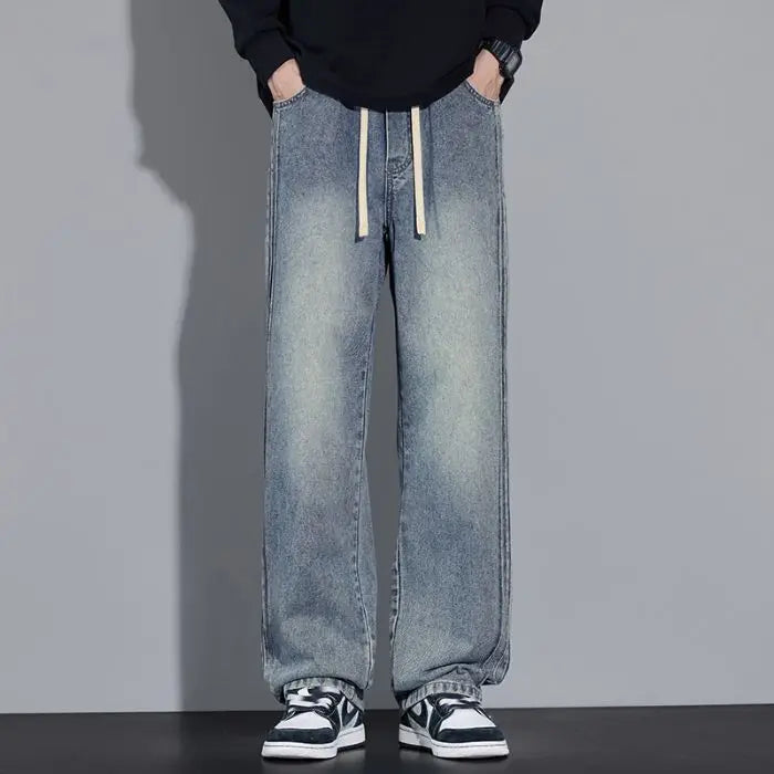 Elastic Loose Straight Jeans Men's Wide Legged Denim Pants Casual Trousers Korean Style Sportswear Clothing Jeans Men Pants