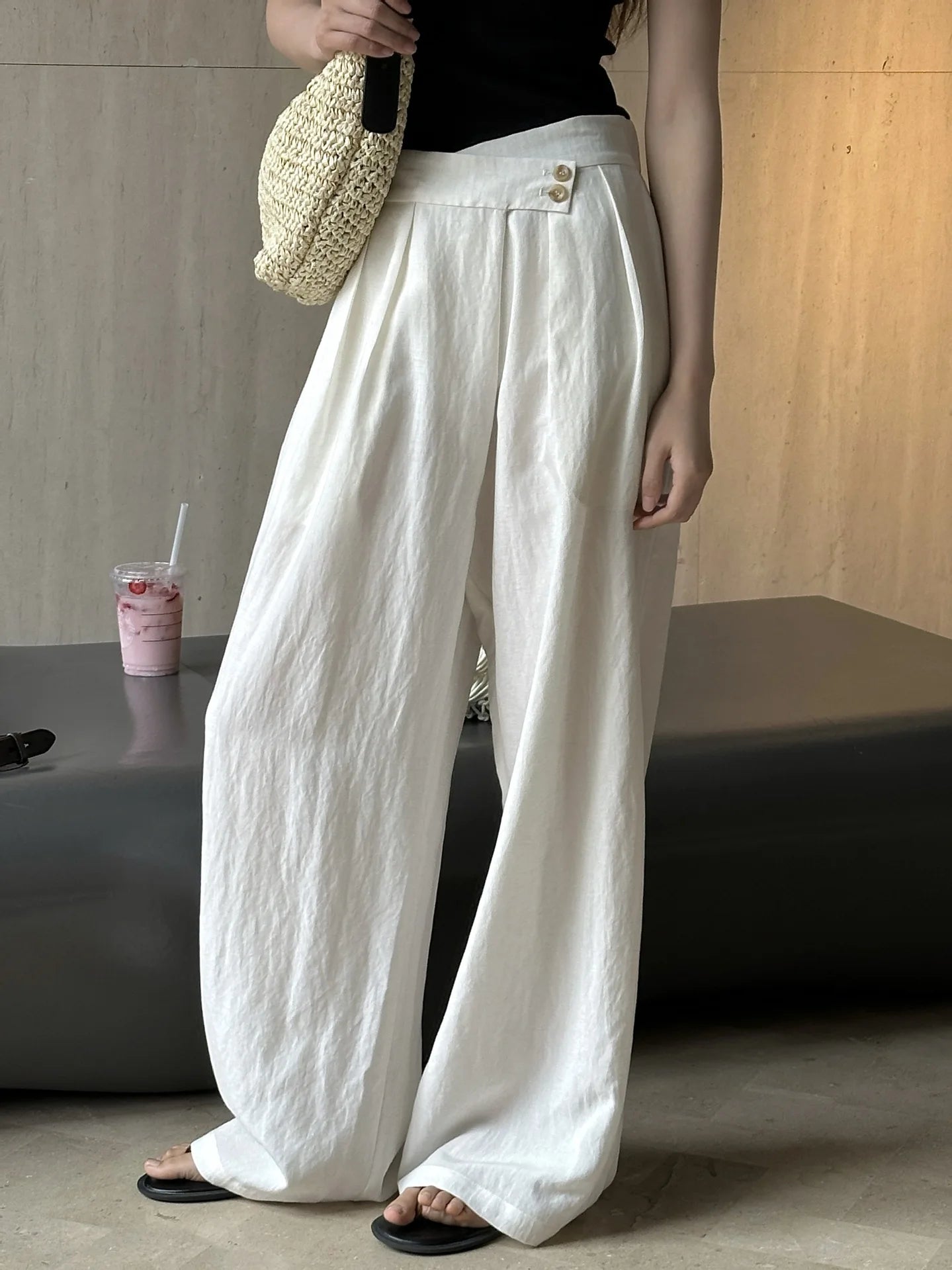Summer women's casual solid color high waisted loose wide leg pants
