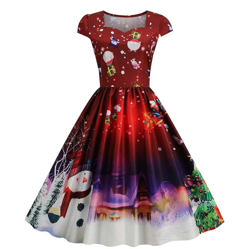 Christmas Dresses for Women Winter Pinup Rockabilly Sexy Cosplay Party Dress Santa Claus Snow Print Cocktail Prom Dress