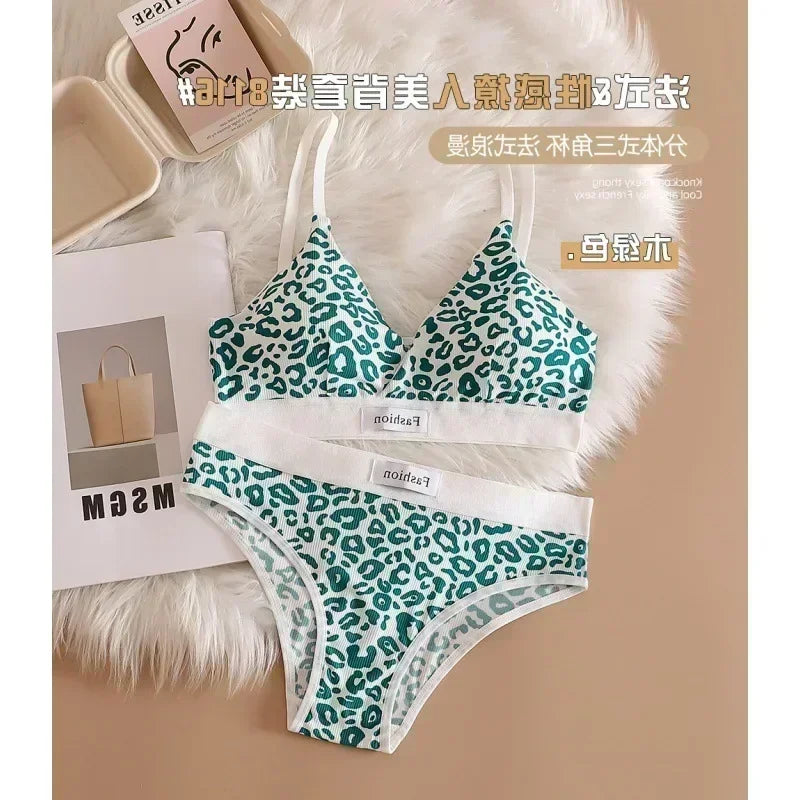 Women Seamless Bra Set Low Waist Panties Leopard Bralette Sexy Lingerie Set Vneck Sport Brassiere Female Cotton Underwear Set
