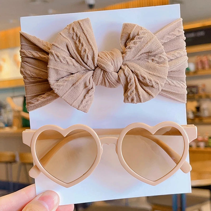 2 Pcs/Set New Children Cute Solid Bowknot Wide Hairbands Heart Sunglasses Hair Bands Baby Girls Headwear Kids Hair Accessories