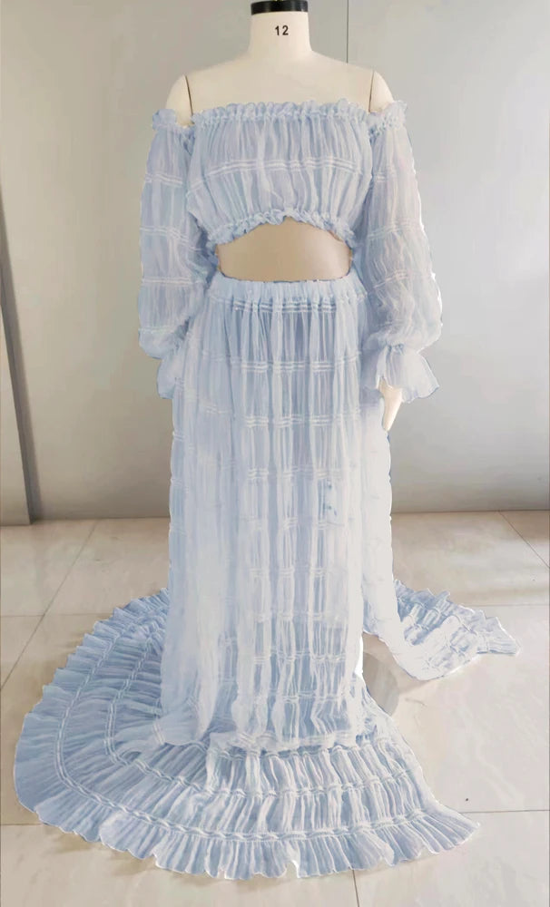 Maternity Dresses For Photo Shoot Women Off Shoulder Short Top Pleated Chiffon Long Sleeved Bohemian Dress Boho Style Dress