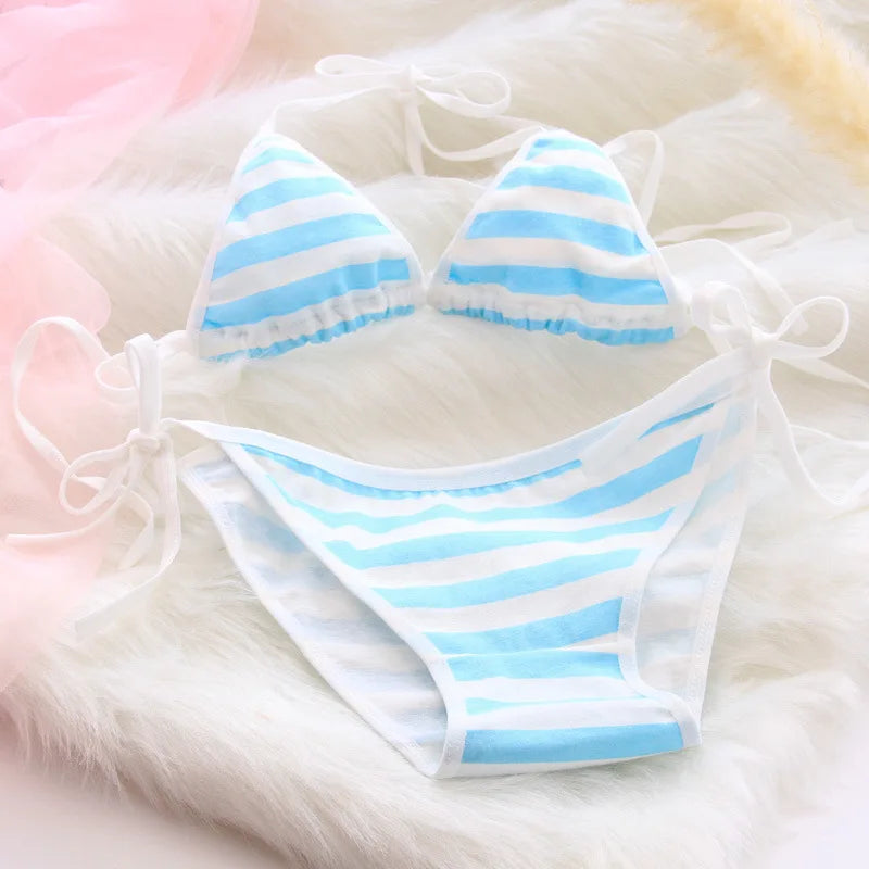 2PCS Women Bra Panties Set Sexy Lingeries Cotton Seamless Kawaii Bikini Lace-up Strap Blue White Striped Suit Female Underwear
