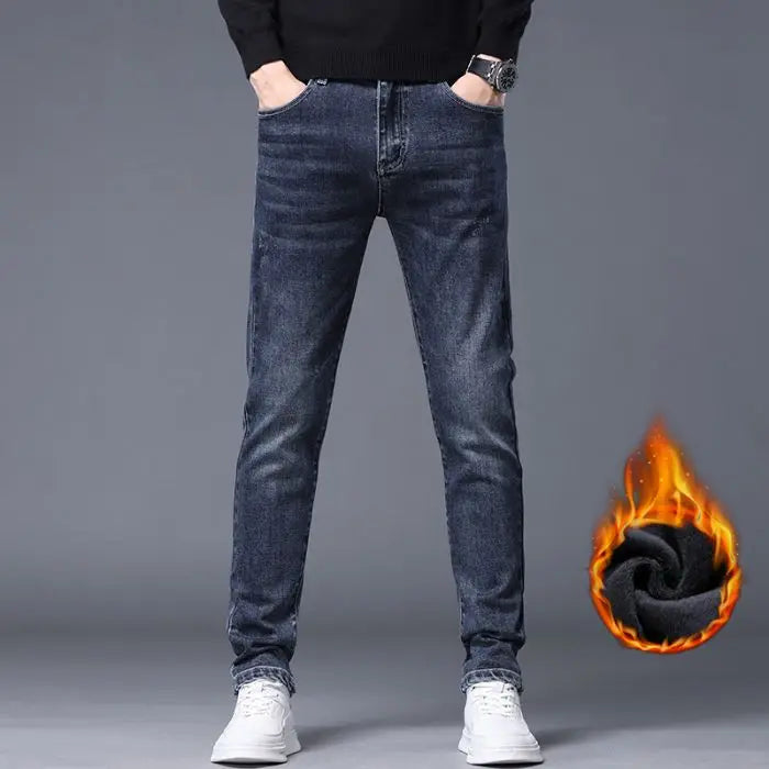 Fleece Thermal Autumn Winter Denim Jeans for Men Pants Warm Thicken Straight Stretch Clothing Fashion Street Causal Denim Pants