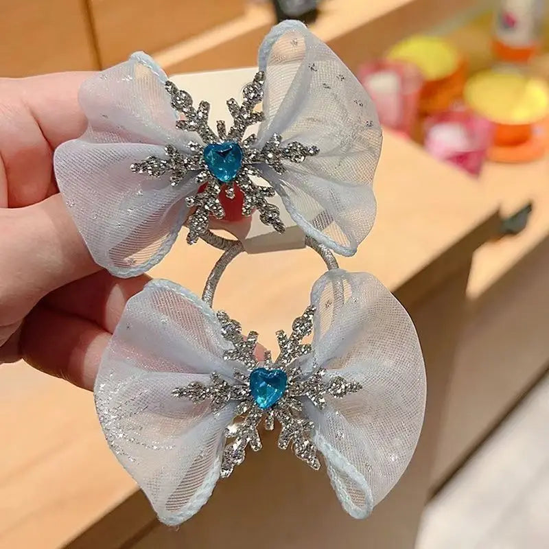 Kids Hair Accessories Set 2PCS Princess Snowflake Clips Hair Ties All Cover Fabric Blue Rhinestone Side Clips for Girls