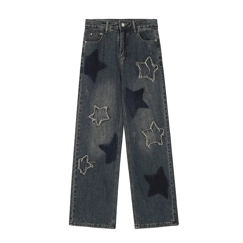 Women's Jeans American Vintage Star Embroidery Casual Denim Trousers Y2K Design Sense Denim High Street Loose Straight Leg Pants