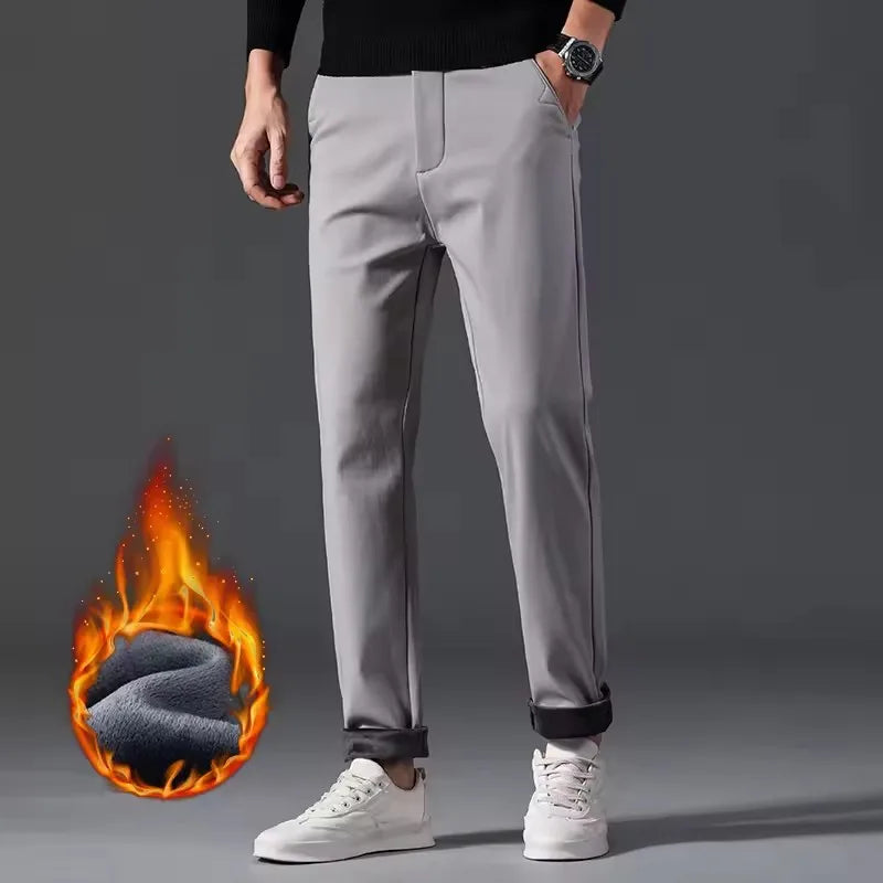 New Winter Mens Clothing Warm Casual Pants 98% Cotton Fleece Straight Business Thicken Men Pants Stretch Classic Velvet Trousers