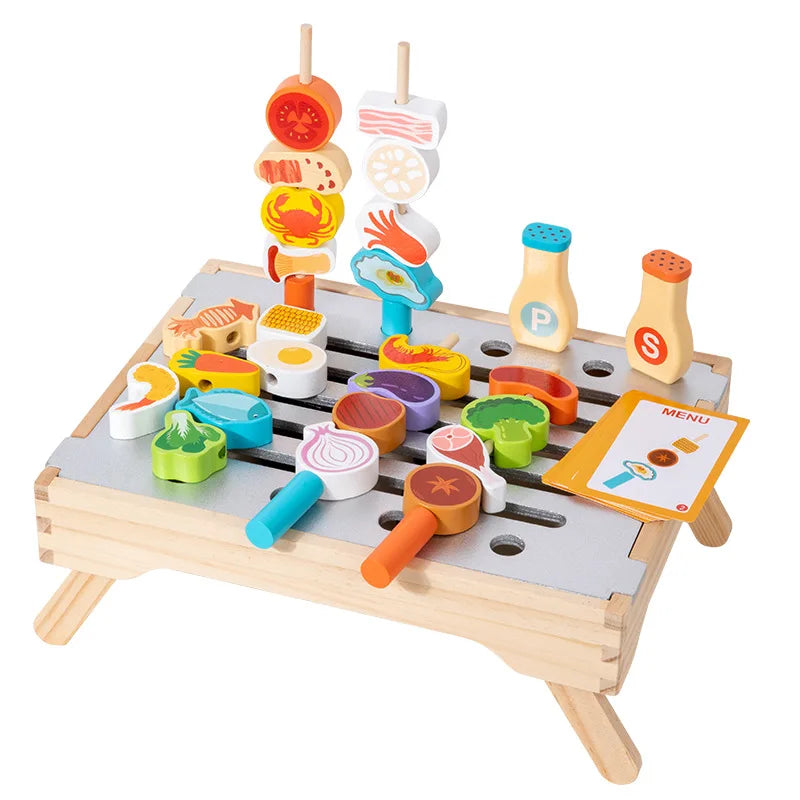 Wooden Kitchen Toys Set for Kids,Pretend Cooking Food Playset-BBQ Grill Toy with Food & Kitchen Toy Accessories Fine Motor Toys