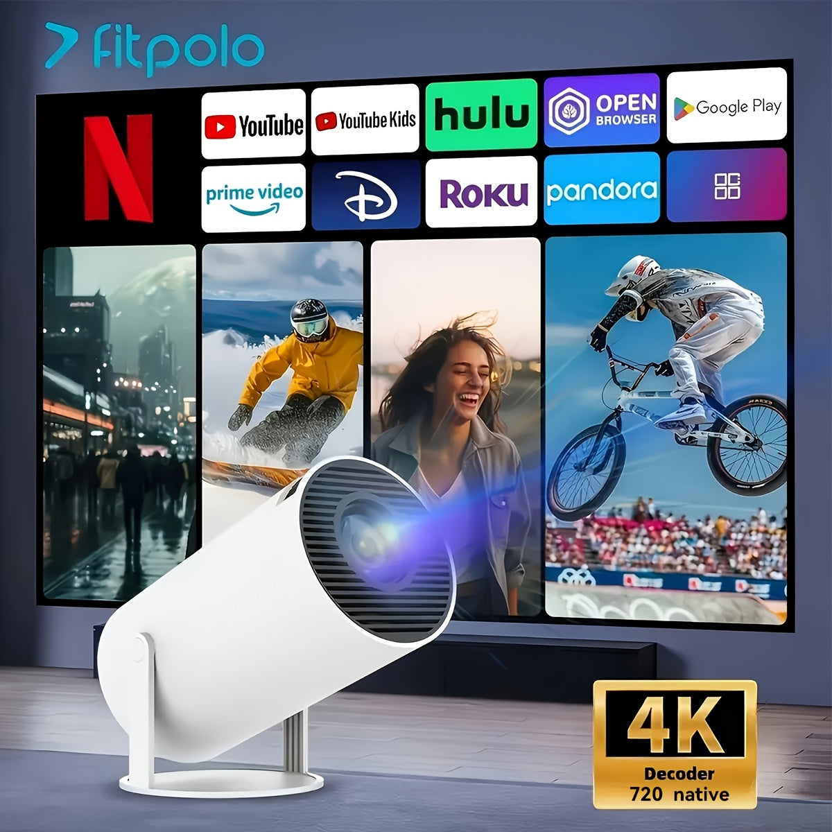 Fit Smart Mini Projector,Projector support 4k with WiFi and Built-in App,Auto Focus & Keystone, DoIby Audio, Zoom, Native 720P Movie, Portable Outdoor Mini Projector, White