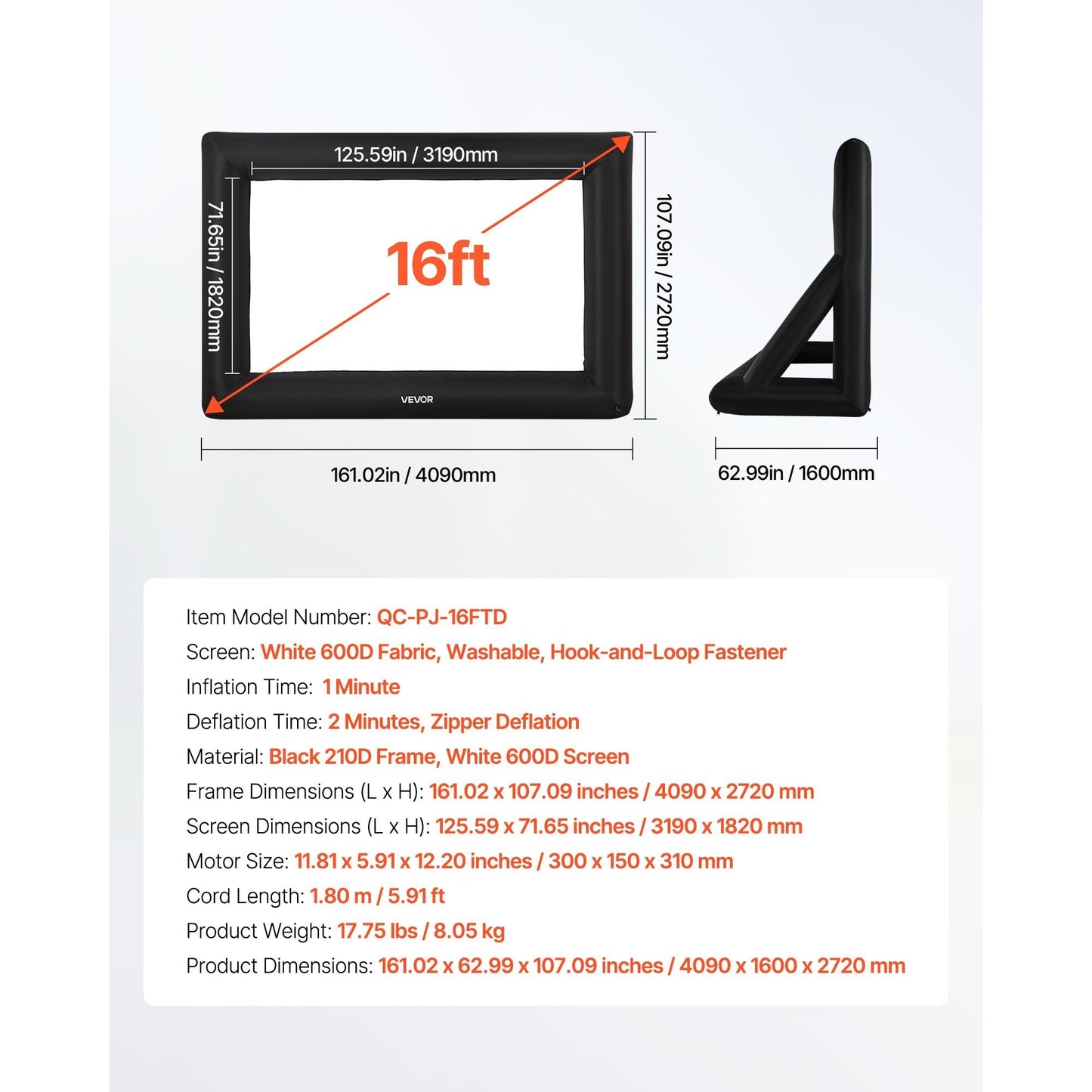 VEVOR 14/16/20FT Inflatable Projector Screen, Inflatable Movie Screen Outdoor with 120/250W Air Blower Projector Screen Oxford Fabric Material Blow Up Screen for Outdoor Backyard, Home Theater, Theme Party