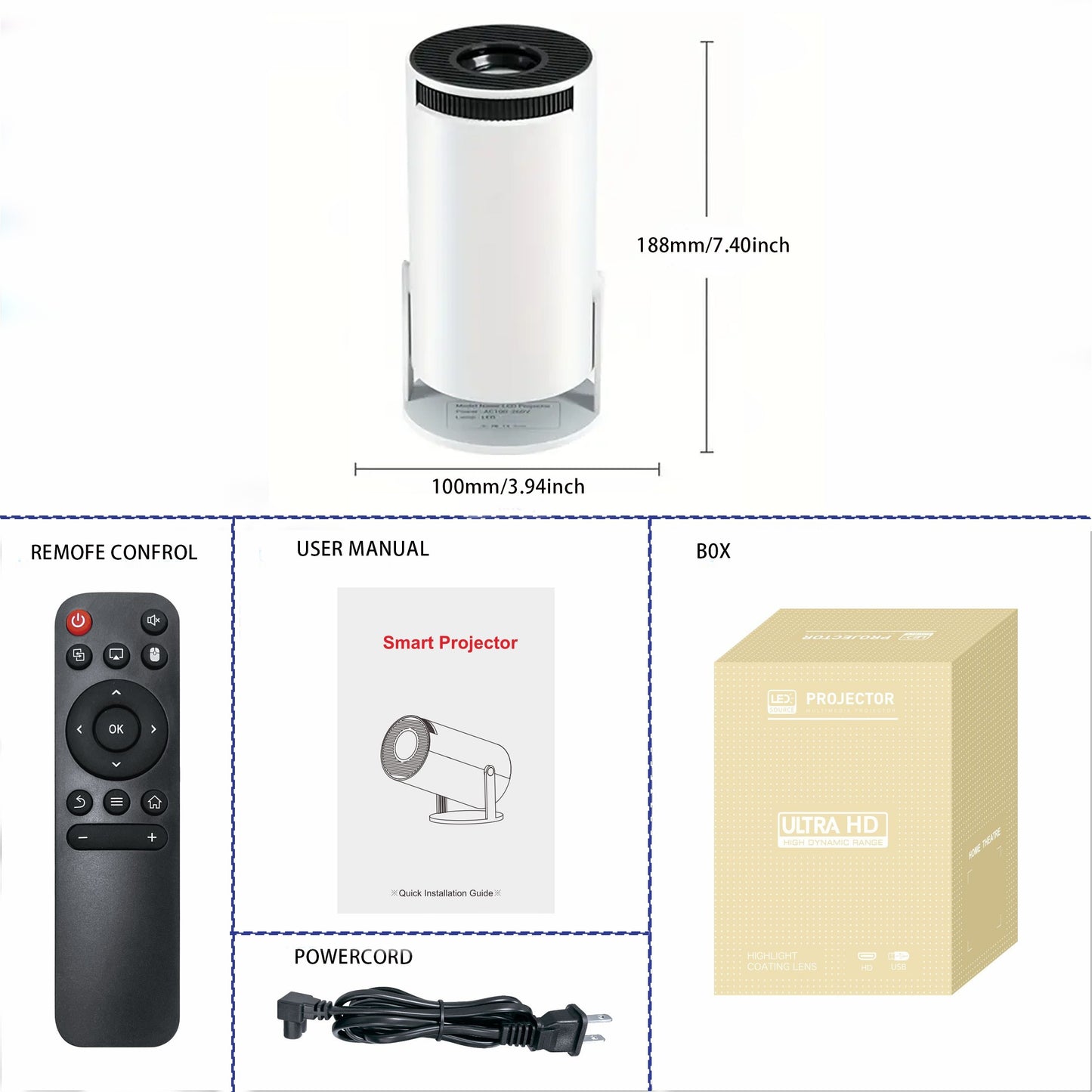 HY300 Mini Projector 4K Android 11.01080P 720 P 200ANSI Portable Wireless Home Outdoor Cinema 180° Projection Angle Adjustable