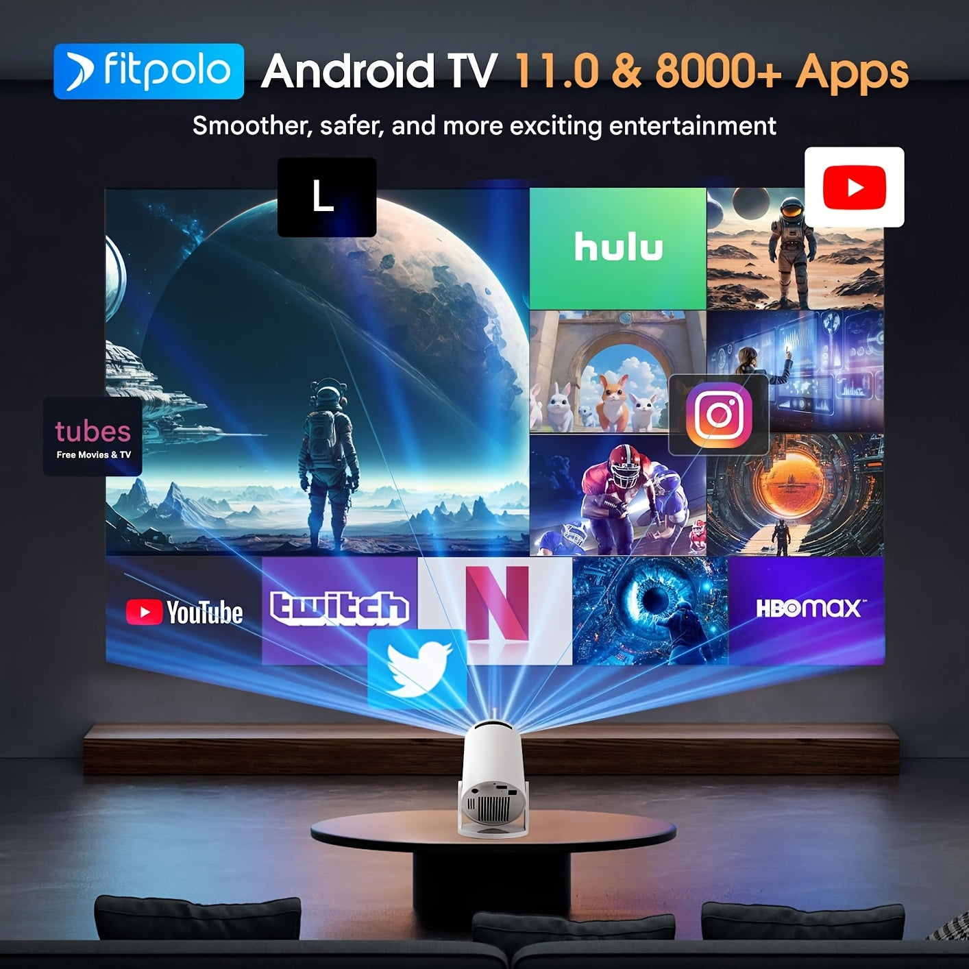 Fit Smart Mini Projector,Projector support 4k with WiFi and Built-in App,Auto Focus & Keystone, DoIby Audio, Zoom, Native 720P Movie, Portable Outdoor Mini Projector, White