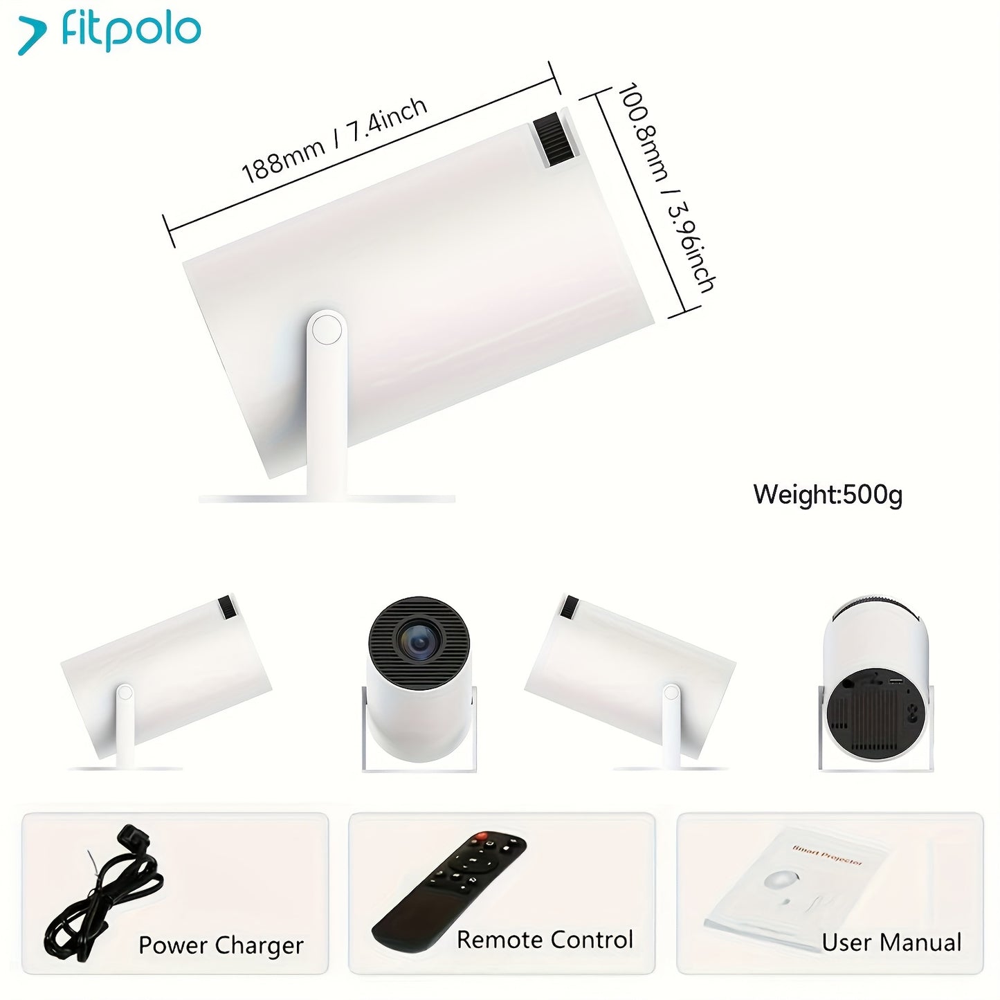 Fit Smart Mini Projector,Projector support 4k with WiFi and Built-in App,Auto Focus & Keystone, DoIby Audio, Zoom, Native 720P Movie, Portable Outdoor Mini Projector, White