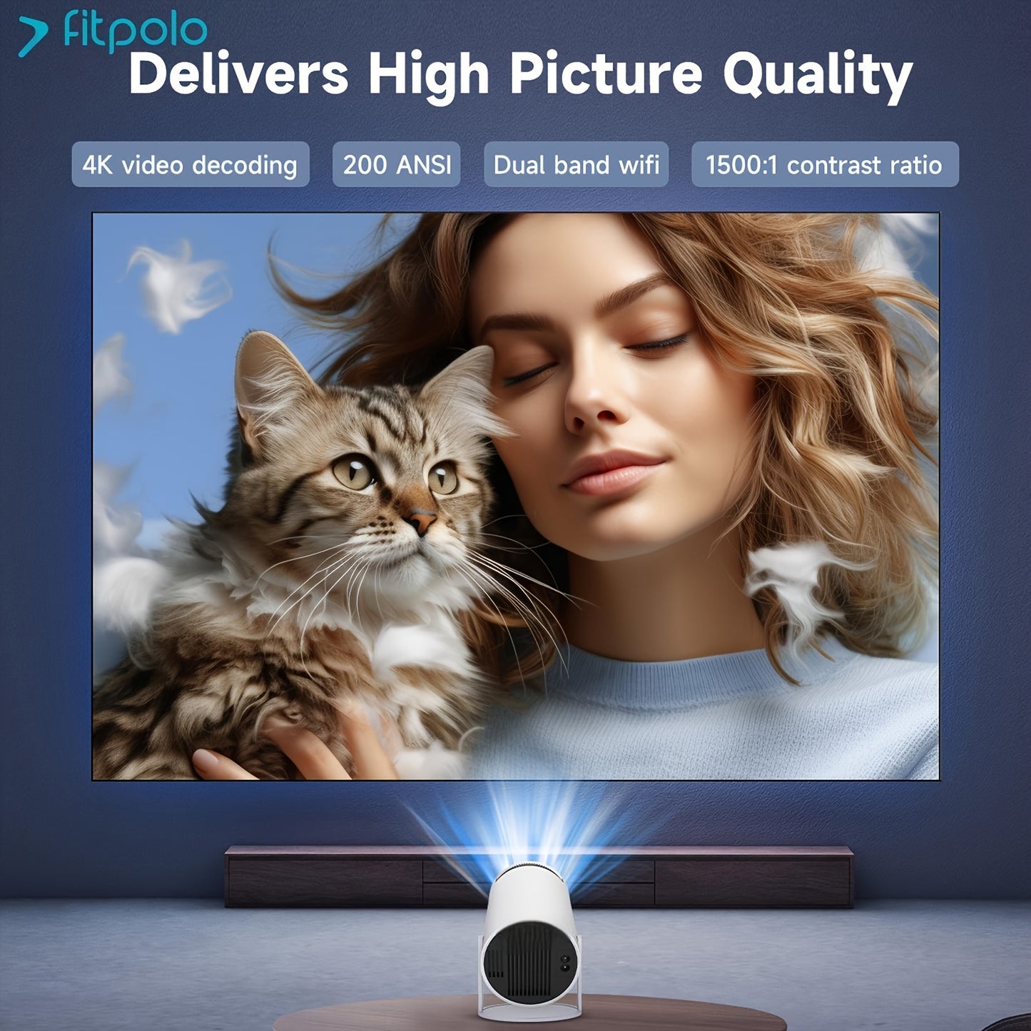 Fit Smart Mini Projector,Projector support 4k with WiFi and Built-in App,Auto Focus & Keystone, DoIby Audio, Zoom, Native 720P Movie, Portable Outdoor Mini Projector, White