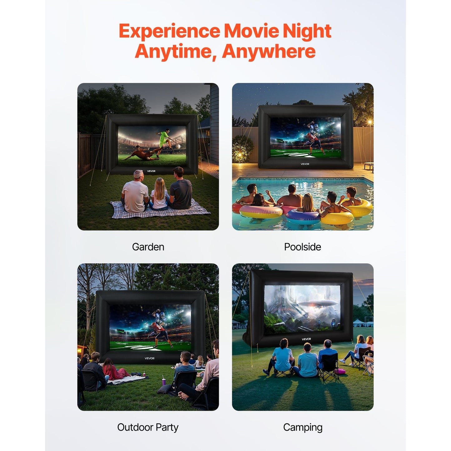VEVOR 14/16/20FT Inflatable Projector Screen, Inflatable Movie Screen Outdoor with 120/250W Air Blower Projector Screen Oxford Fabric Material Blow Up Screen for Outdoor Backyard, Home Theater, Theme Party