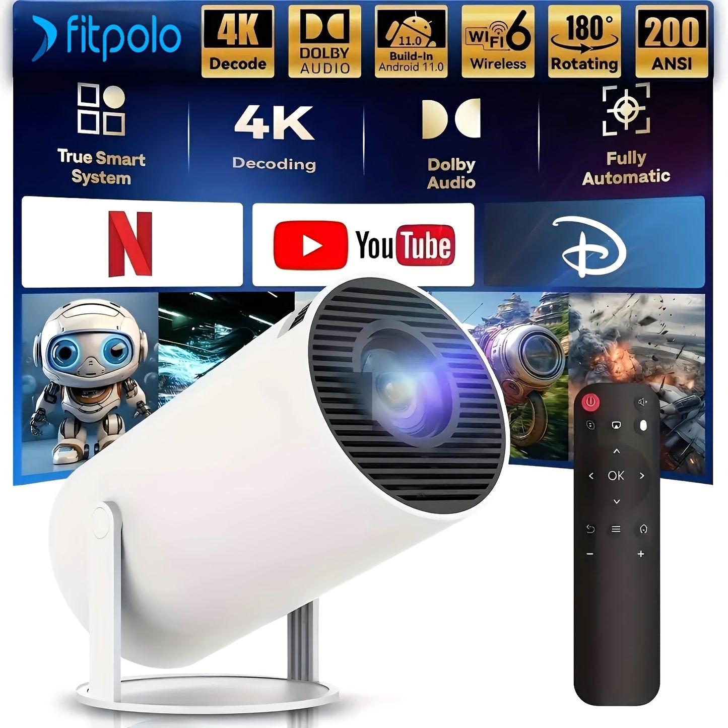 Fit Smart Mini Projector,Projector support 4k with WiFi and Built-in App,Auto Focus & Keystone, DoIby Audio, Zoom, Native 720P Movie, Portable Outdoor Mini Projector, White