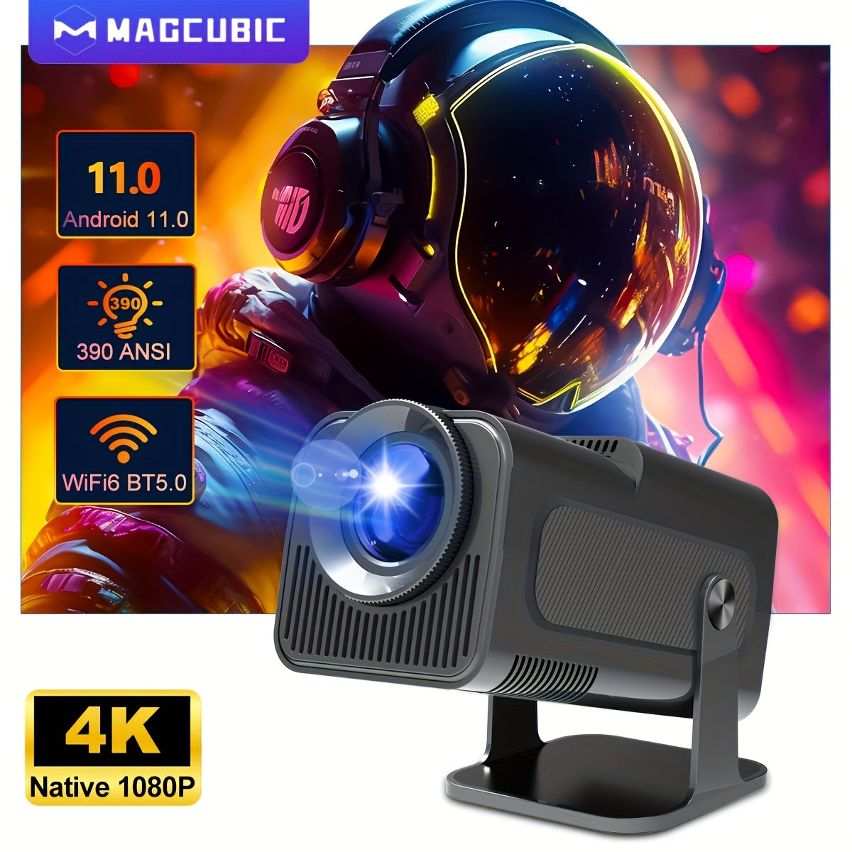 Magcubic 4K Android Projector, Native 1080P, 390 ANSI Lumens, HY320 Model, Dual Wifi 6, Wireless 5.0, 1920x1080 Resolution, Portable Cinema Projector with Upgraded Features, US Plug