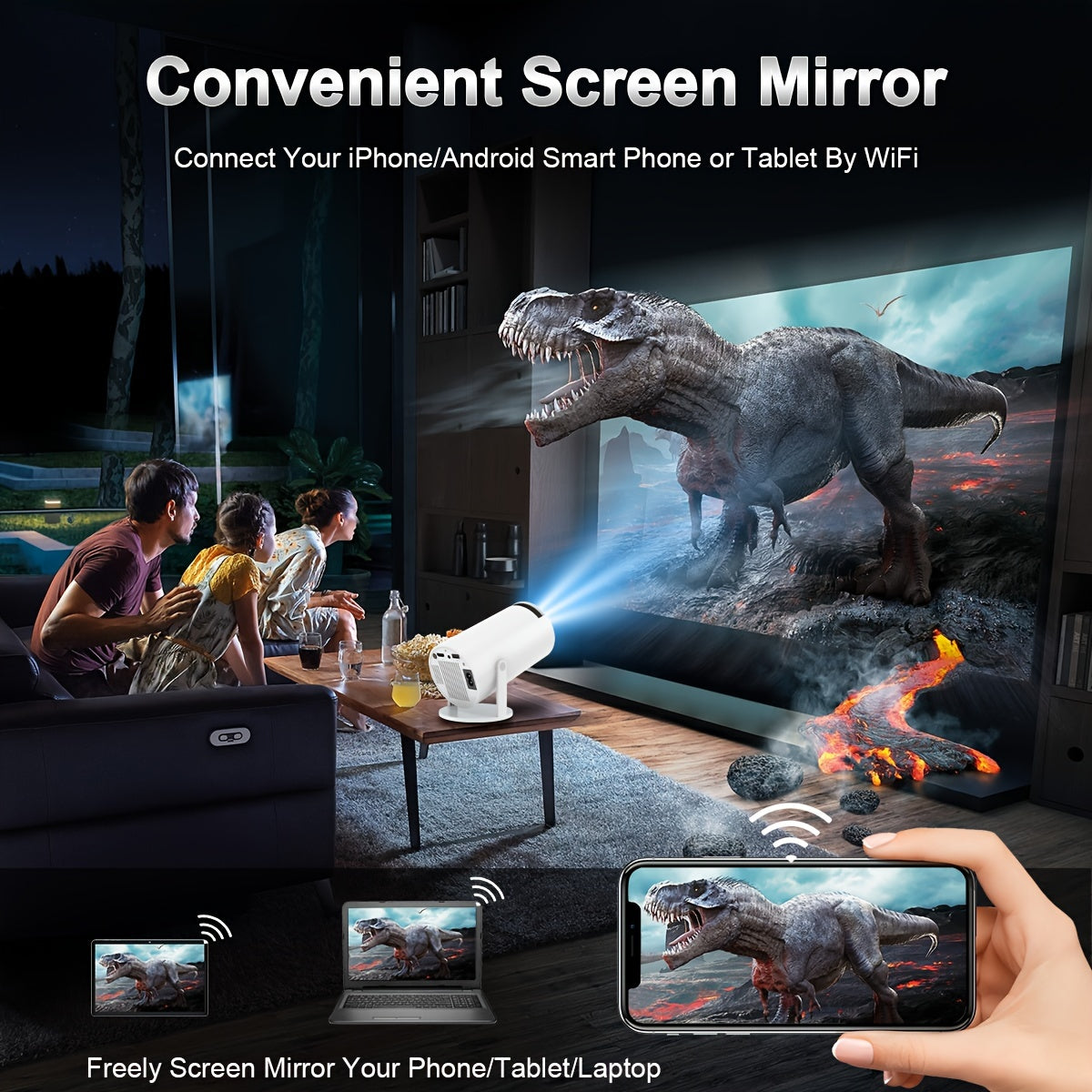 HY300 Mini Projector 4K Android 11.01080P 720 P 200ANSI Portable Wireless Home Outdoor Cinema 180° Projection Angle Adjustable