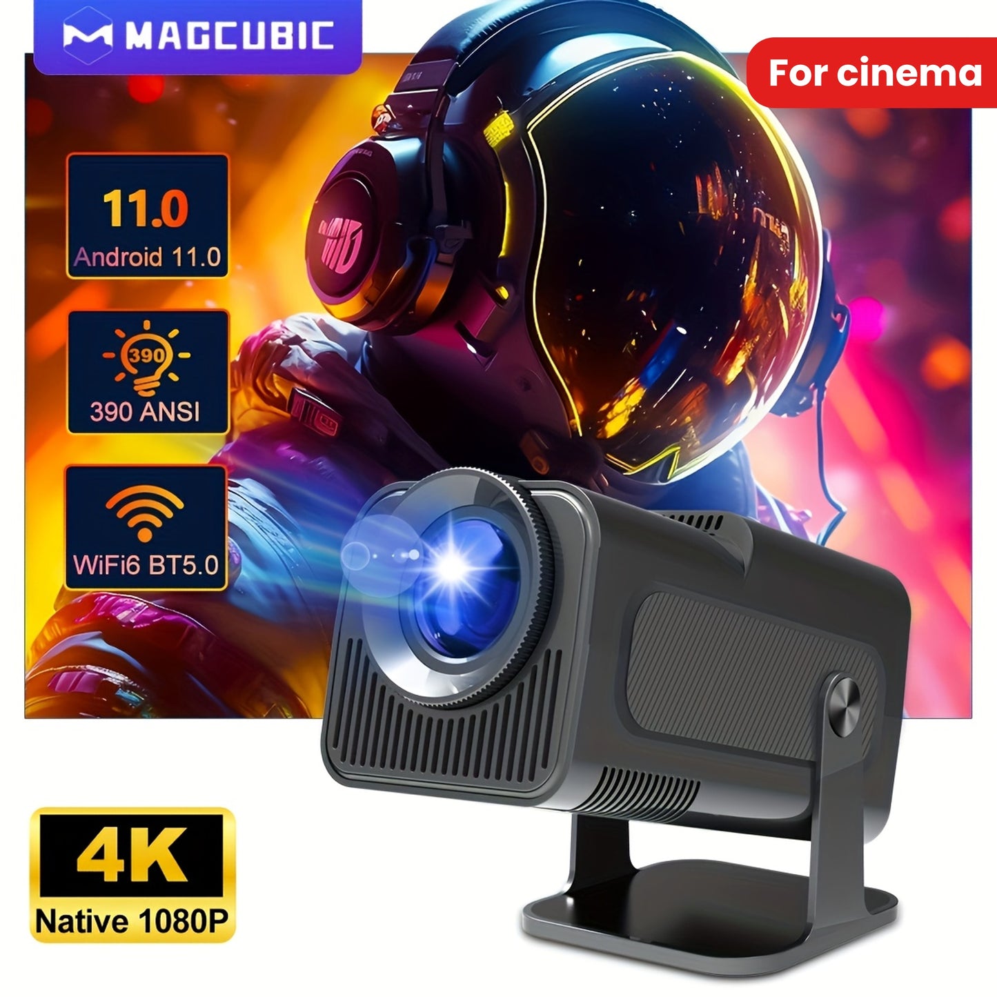 Magcubic 4K Android Projector, Native 1080P, 390 ANSI Lumens, HY320 Model, Dual Wifi 6, Wireless 5.0, 1920x1080 Resolution, Portable Cinema Projector with Upgraded Features, US Plug