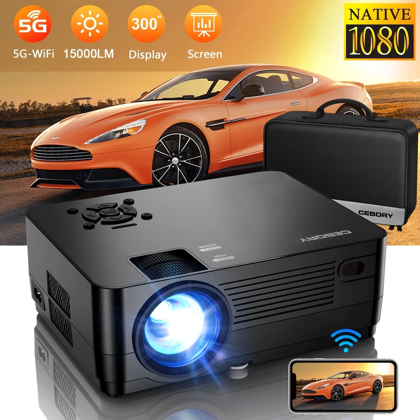 5G WiFi BT Native 1080P Projector [Projector Screen And Bag Included], 300" Display Home Theater, 15000LM Full HD Movie Projector, Compatible With Smartphone, Laptop, Black